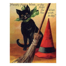 Vintage Halloween with a Black Cat, Broom and Hat Invites