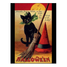 Vintage Halloween with a Black Cat, Broom and Hat Postcard