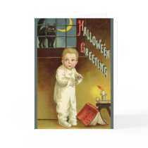 Vintage Halloween with Scared Child and Black Cat Greeting Card