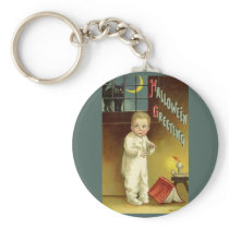 Vintage Halloween with Scared Child and Black Cat Key Chain