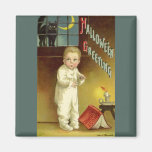 Vintage Halloween with Scared Child and Black Cat Refrigerator Magnet
