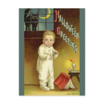 Vintage Halloween with Scared Child and Black Cat Post Card