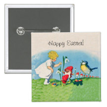 Vintage Happy Easter Elves Eggs Pinback Button