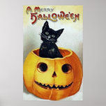 Vintage Happy Halloween Kitty in a Pumpkin Print