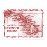 Vintage Hawaii Map, Red Postcards