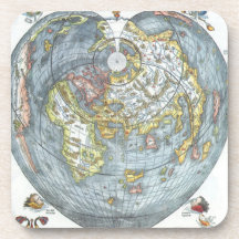Vintage Heart Shaped Antique World Map Peter Apian Beverage Coasters