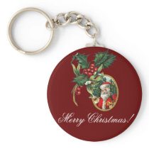 Vintage Holly and Santa Clause Christmas Key Chain