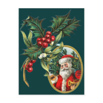 Vintage Holly and Santa Clause Christmas Postcard