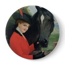 Vintage Horse Girl Red Coat Equestrian Sugar Cube Pinback Button