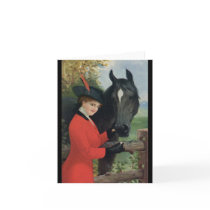 Vintage Horse Girl Red Coat Equestrian Sugar Cube Greeting Card