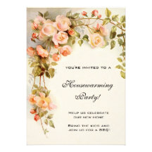 Vintage Housewarming, Antique Pink Rose Flowers Custom Invites