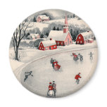 Vintage Illustration Christmas, Ice Skating Pond Fridge Magnet