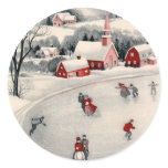Vintage Illustration Christmas, Ice Skating Pond Stickers