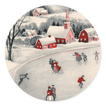 Vintage Illustration Christmas, Ice Skating Pond Stickers