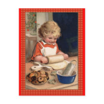 Vintage Illustration Girl Baking Christmas Cookies Postcard