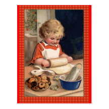Vintage Illustration Girl Baking Christmas Cookies Postcard