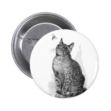 Vintage illustration of Cat watching an Insect Pinback Buttons