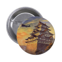 Vintage Japanese Travel Poster, Pagoda Airplane Button