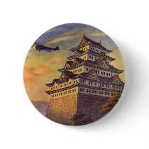 Vintage Japanese Travel Poster, Pagoda and Plane Button