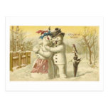 Vintage Joyeux Noel Snowman & Woman Card Post Cards