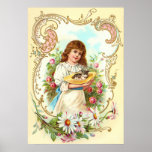 Vintage Kitten and Girl Print