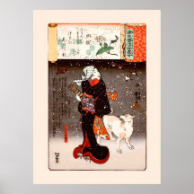 Vintage Kuniyoshi Woman and Dog in Snow Fine Art Poster