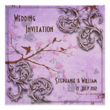 Vintage Lavender Love Birds Wedding Invitation