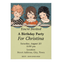 Vintage Little Girls Three Sisters Birthday Invitation