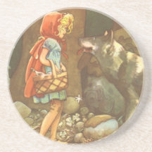 Vintage Little Red Riding Hood and Wolf in Forest Beverage Coaster