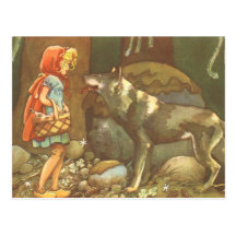 Vintage Little Red Riding Hood and Wolf in Forest Postcards