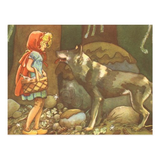 Vintage Little Red Riding Hood and Wolf in Forest Postcards