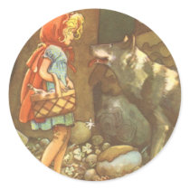 Vintage Little Red Riding Hood and Wolf in Forest Round Stickers