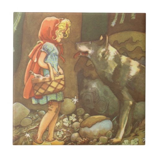 Vintage Little Red Riding Hood and Wolf in Forest Ceramic Tile