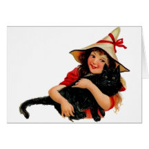 Vintage Little Witch and Cat Card