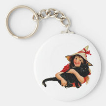 Vintage Little Witch and Cat Keychain