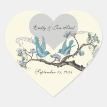 Vintage Love Hot Pink Aqua  Birds Wedding Stickers