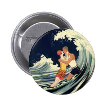 Vintage Love in the Surf, Romantic Kiss by Beach Buttons