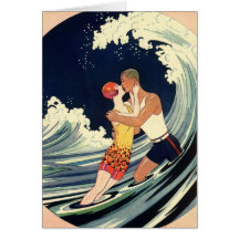 Vintage Love in the Surf, Romantic Kiss by Beach Cards