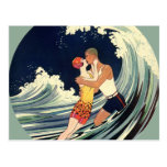 Vintage Love in the Surf, Romantic Kiss by Beach Postcard