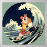 Vintage Love in the Surf, Romantic Kiss by Beach Posters