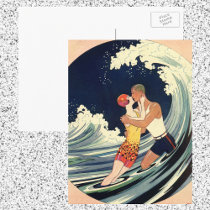 Vintage Love in the Surf; Romantic Kiss Postcards