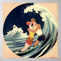 Vintage Love in the Surf; Romantic Kiss Print