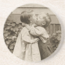 Vintage Love Romance, Children Kissing, First Kiss Coaster