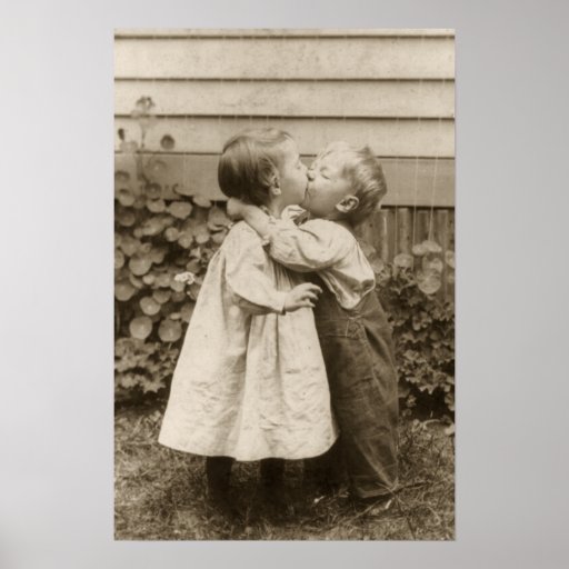 Vintage Love Romance, Children Kissing, First Kiss Print