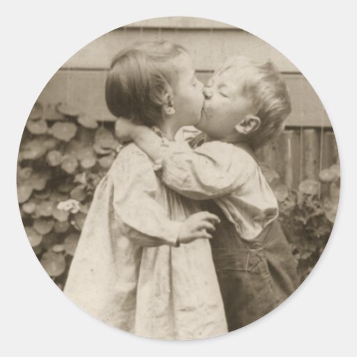 Vintage Love Romance, Children Kissing, First Kiss Sticker