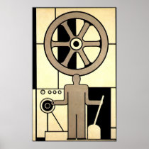 Vintage Machine Worker with Wheels and Levers Posters