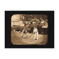 Vintage Magic Lantern Slide Cricket Players Sepia Postcard