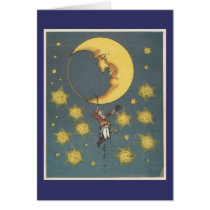 Vintage Man Hanging From the Moon Greeting Cards