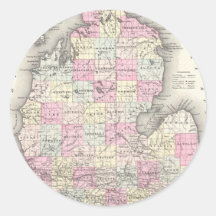 Vintage Map of Michigan (1855) Round Stickers