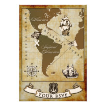 Vintage Map Pirate Birthday Party RSVP Cards